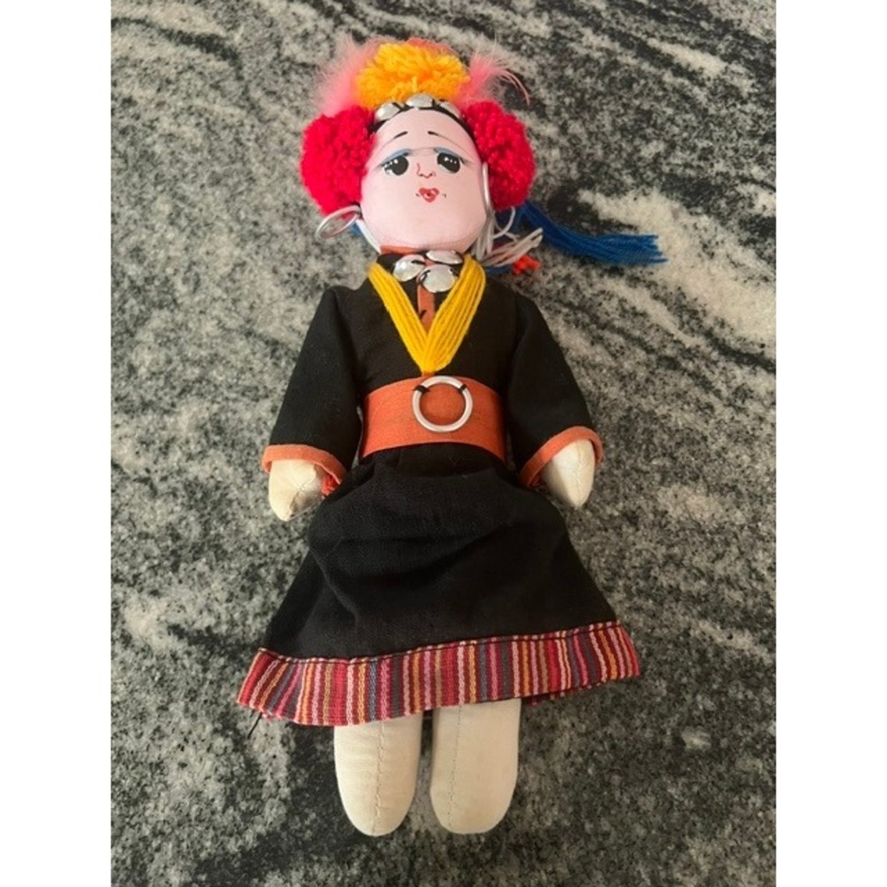 Vintage Akha Hill Tribe Folk Art Cloth Doll Thailand 1980s Black Red Good 12in